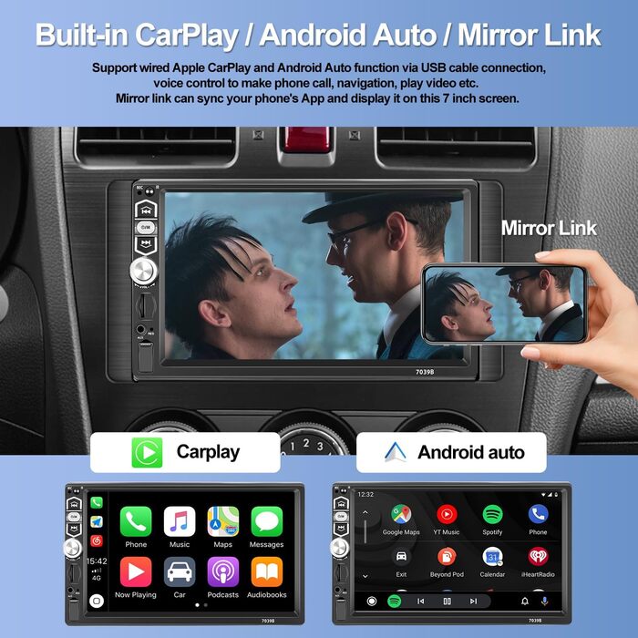 Автомагнітола SIXWIN 1 DIN з 7'' сенсорним екраном, Apple CarPlay, Android Auto, Bluetooth, FM, USB/AUX/TF, з камерою заднього виду, мікрофоном та пультом