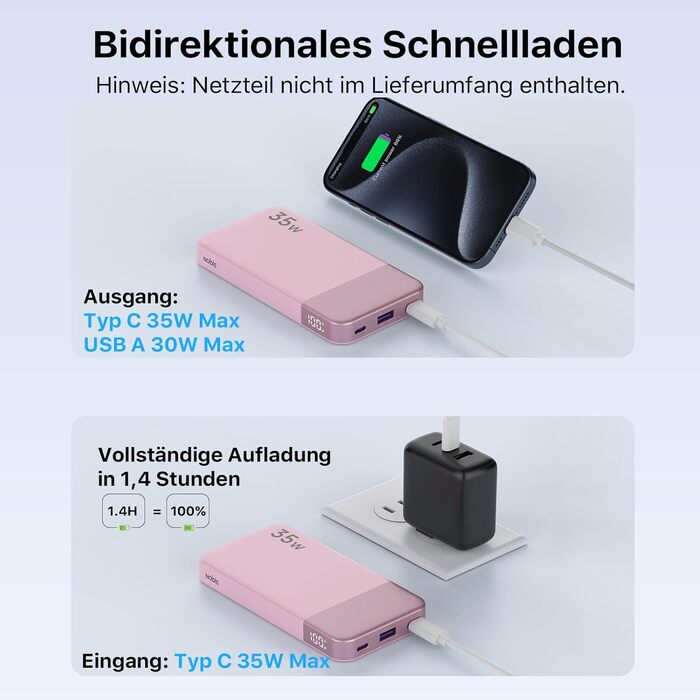 Power Bank Nobis 35W 10000mAh з цифровою індикацією, рожевий – зарядка для iPhone, Galaxy, планшетів