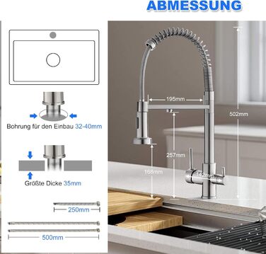 Кухонний змішувач 3 в 1 з поворотним гусаком 360° та двома режимами (з душем), з нержавіючої сталі та латуні, для фільтрації води, з двома ручками