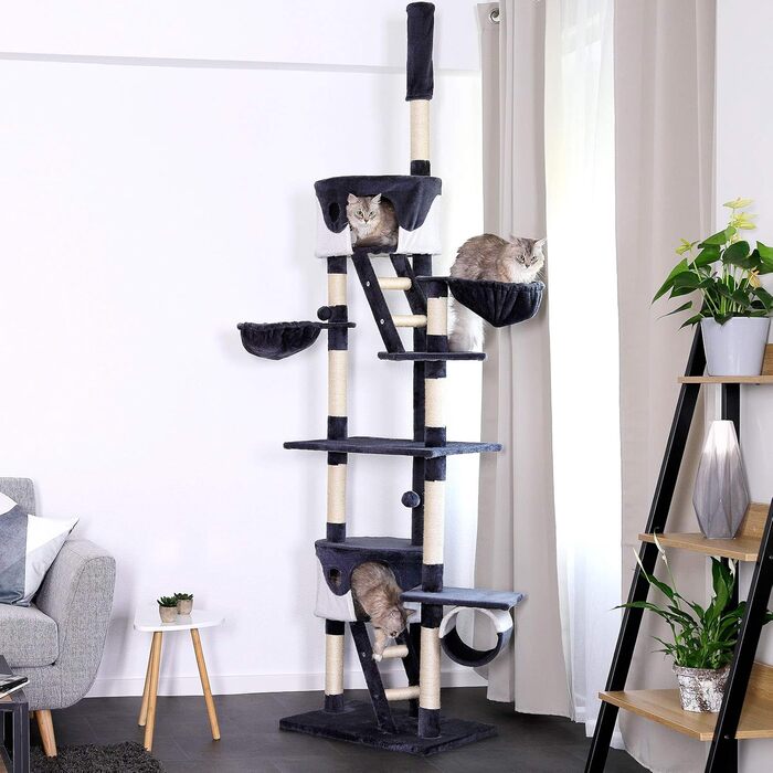 Котячий будиночок Lionto XXL з сизалю та плюшу: когтеточка, гамак, тунель, печери, іграшки, для котів великих та малих розмірів (сірий/білий, 230-250 см)