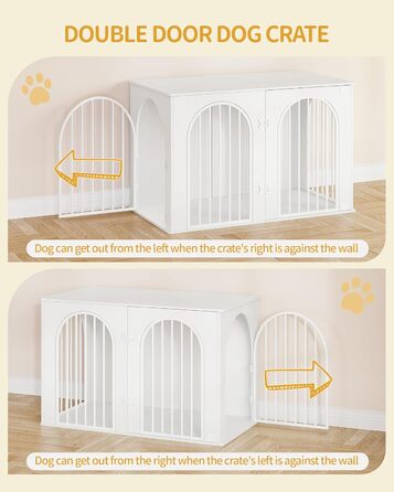 Hzuaneri Modern Dog Crate Furniture - Indoor Dog Kennel with 3 Doors & Tabletop - Durable White Dog Cage 108x64x76cm (DFC86013W)