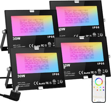 ChangM RGB LED Floodlight, Outdoor Floodlight, 30W, 4 Pack, Bluetooth APP Control, 16 Million Colors, Smart LED Floodlight, IP66 Outdoor Floodlight, Waterproof LED Floodlight, Garden Mood Lighting