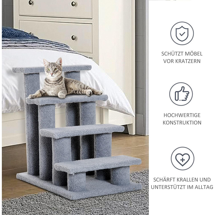 PawHut Pet Stairs Cat Stairs Dog Stairs Stairs for Cats and Dogs 4 Steps Gray 63.5x43x60cm