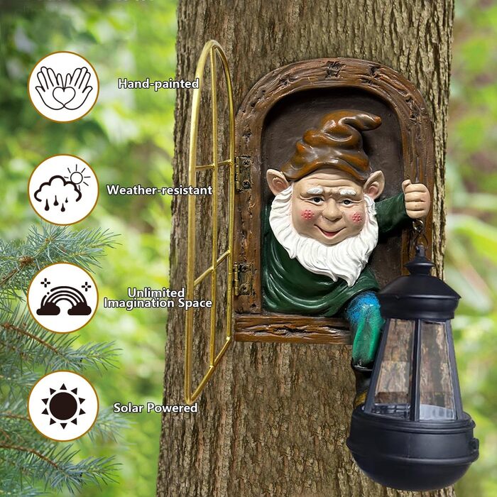 Fairy Garden Statues, Solar Lanterns, Quirky Elf from the Door, Tree-Hugging Figures Glow, Fence Wall Yard Art Home Decoration, Outdoor Tree Face Sculpture ideal Halloween Decoration