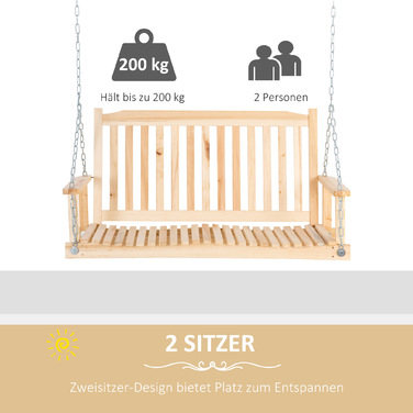 Outsunny 2-Person Garden Swing, Solid Wood Swing Bench, Hanging Bench for Patio Terrace Backyard, 117 x 69 x 60 cm, Rustic Design