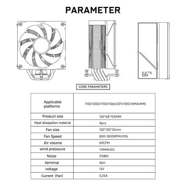 Кулер для CPU Jungle Leopard KF420E з дисплеєм температури, 4 heat pipes, 1800RPM ARGB PWM вентилятор, для LGA 115X/1200/1700/1366/2011/1851, AM4/AM5 (Чорний)