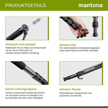 Штатив Mantona Pro One одноногий, карбоновий, чорний - регулювання висоти 39-144 см, з аксесуарами