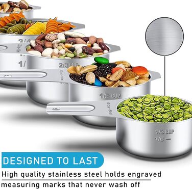 Stainless Steel Measuring Cups Wildone Metal Measuring Cup Set with easy-to-read markings for measuring dry or liquid ingredients, 7-piece set