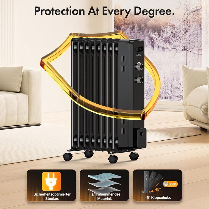 Масляний радіатор VonHaus 2000W з 9 ребрами, електричний, портативний, з термостатом, 3 режими нагріву, 4 колеса, 1.5м кабель (білий/чорний)