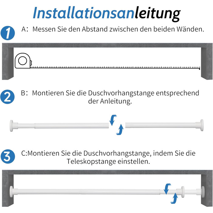 Висувна штанга для душу, штанга для душу без свердління, кріпиться без свердління, для шафи (70-195 см, білий)