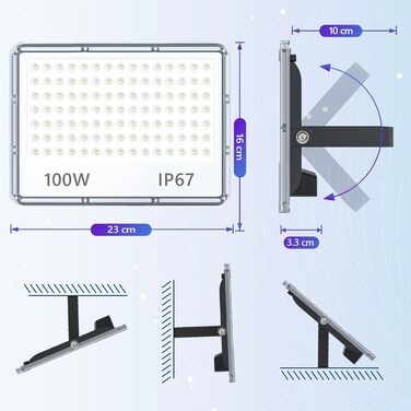 LED Floodlight Outdoor 100W, Floodlight Outdoor 10000LM, Waterproof Outdoor Spotlight IP67, 6500K Cold White Super Bright LED Spotlight for Warehouse, Garden, Garage, Yard, Factory, Parking Lot