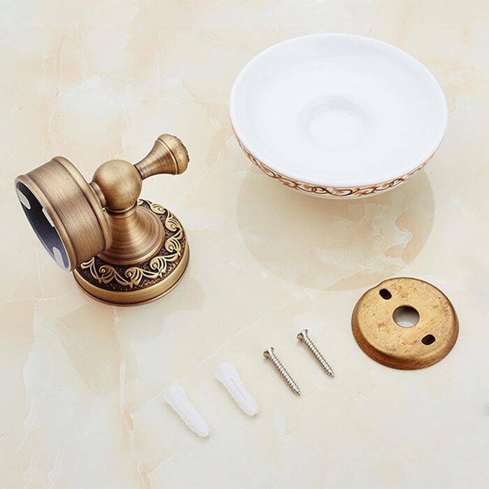 Brass toothbrush holder, antique bronze, cup holder with white ceramic cup, wall-mounted, bathroom accessory, patterned carved design (soap dish)