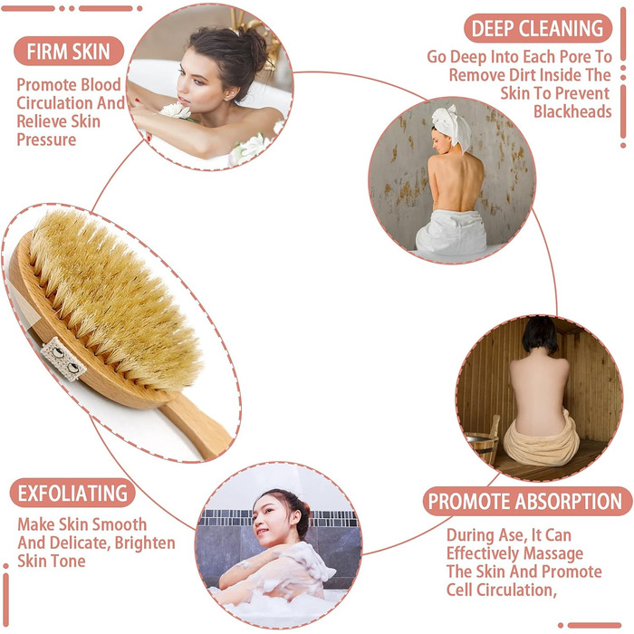 Щітка для тіла з довгим руків'ям, щітка для спини знімний руків'я, 2 насадки, для очищення тіла, скребок для спини в душі, натуральна щетина, Mango Largo