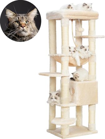 Драбина для котів Heybly Kratzbaum з лежаком, печерею та великими платформами, 50 x 50 x 153 см, бежева HCT050M