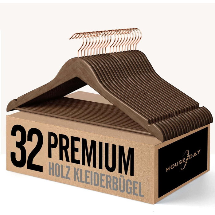 HOUSE DAY Wooden Clothes Hangers, 32 Pack, Walnut Wood Hangers, Walnut Clothes Hangers, Wooden Hangers, Clothes Hangers, Stable Clothes Hangers, Swivel Clothes Hangers, 44.5cm Wide, with Notch, Roségold Hook