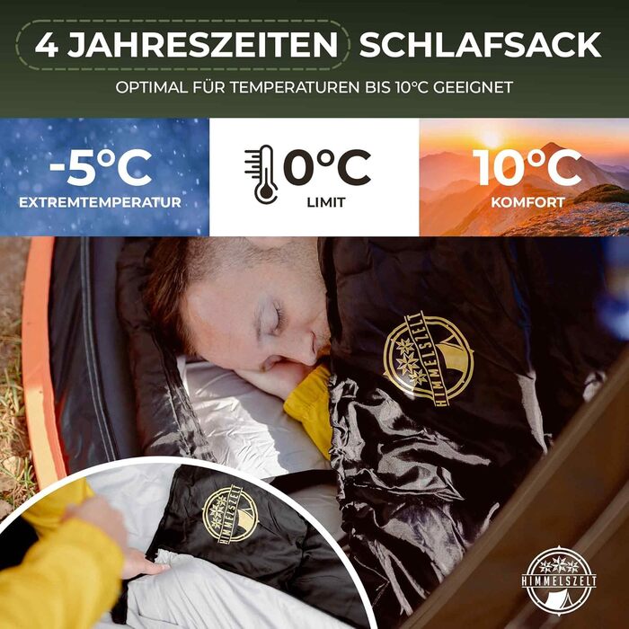 Спальний мішок HIMMELSZELT для кемпінгу та відпочинку на природі - 4 сезони, -5°C до +10°C, 220x85 см, водонепроникний, DRYSHIELD, для дорослих, чорно-зелений (чорно-синій)