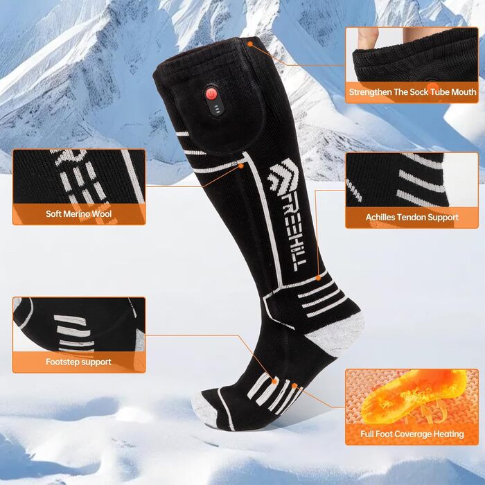 Обогревні шкарпетки з мериносової вовни Freehill для чоловіків та жінок, USB-зарядка, чорні
