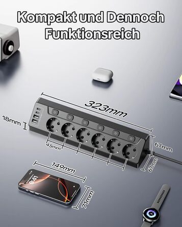 Мережевий фільтр 5-портовий з USB та LED, чорний. Розподільник розеток на стіл, для дому, кухні. Можливість настінного монтажу.