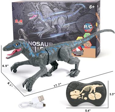 Дитяча іграшка-динозавр на радіоуправлінні Velociraptor, електронний, з LED підсвіткою та реалістичними звуками, 2.4 ГГц, подарунок для дітей, сірий