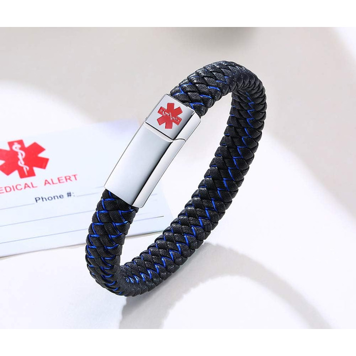 Мужской браслет-медический идентификатор PJ JEWELLERY из натуральной кожи с гравировкой и стальным магнитно-застежкой (черный/серебряный, АСТМА)