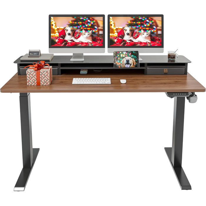 FEZIBO Electric Standing Desk with 2 Drawers - 140x60cm Adjustable Height Desk with Memory Control, Anti-Collision System, Light Brown Home Office Desk