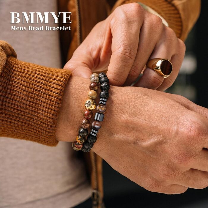 Чоловічий браслет з натурального каміння BMMYE: лава та тигрове око, 8 мм, 2-4 шт.
