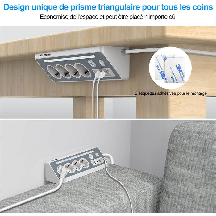 Мережевий фільтр з USB та 2 Type-C, 4 розетки, кутова розетка, мережева смуга з LED-підсвічуванням, захист від перенапруги 3680W 16A, 90° розгалужувач з вимикачем, кабель 1,5mm², білий для кухні/офісу