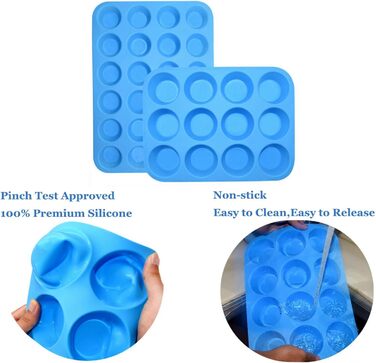 2 Pack Silicone Muffin Baking Mold Set - Regular 12 Cups + 24 Cups Cupcake Mold BPA Free, Non-Stick, Heat-Resistant, Food-Grade Silicone Baking Molds with Bonus 1 Silicone Spatula & 1 Oil Brush blue