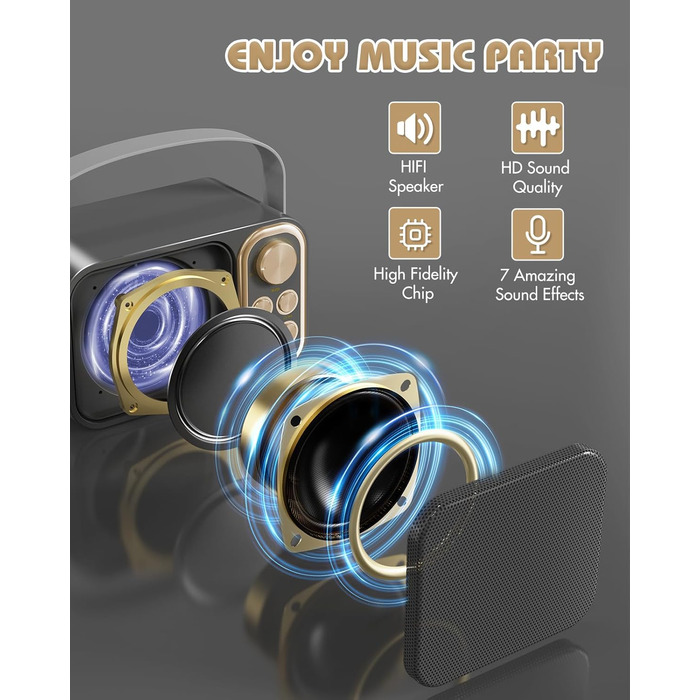 Караоке машина з 2 мікрофонами, портативна Bluetooth колонка для дітей та дорослих, 7 голосових ефектів, ідеально для вечірок та днів народжень (Чорний)