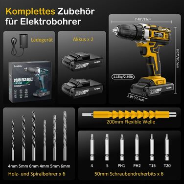 Акумуляторний шурупокрут Sundpey 21V з 2x2000mAh акумулятором, 45 Нм, 18+1 момент, 10 мм патрон, 19 шт. для DIY проектів
