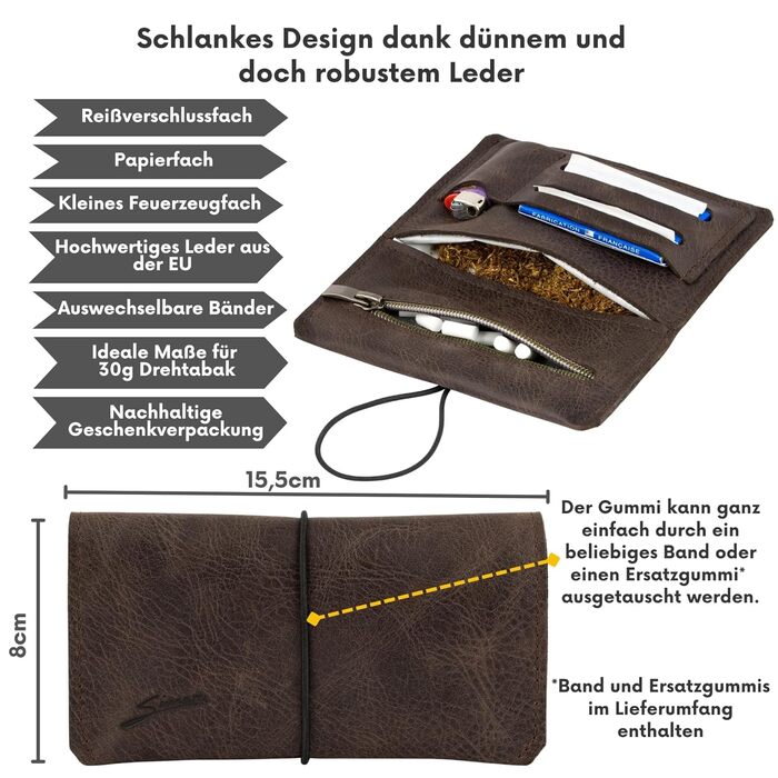 Simaru Personalized Tobacco Pouch with Engraving from Leather for 30g Tobacco Bag, Genuine Leather Roller Pouch including Filter Compartment and Pouch Holder (Dark Gray) (Dark Brown Engraving)