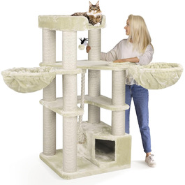 Котячий будиночок HappyPet 'Оскар' для великих котів - преміум якість, 161 см, 47 кг, товсті стовпчики 12 см, плюш 600 г, сертифіковане дерево, кремовий колір