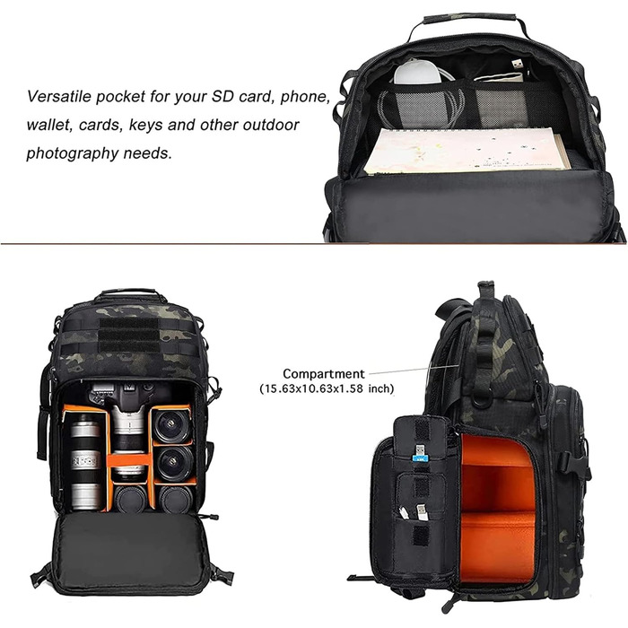 MOSISO Рюкзак для камери, тактичний, сумісний з Canon/Nikon/Sony, відділення для ноутбука 15-16 дюймів, тримач для штатива