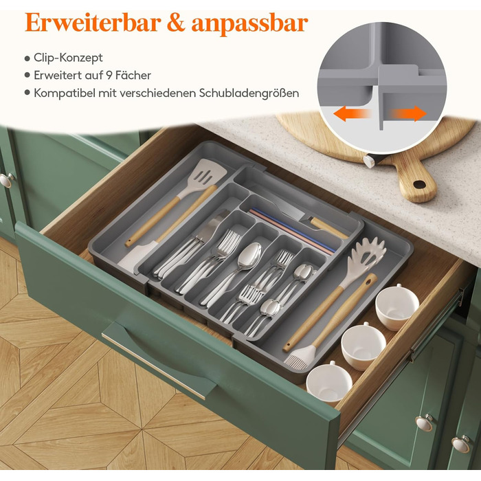 Органайзер для столових приборів Lifewit в шухляду, розсувний, пластиковий, 7-9 відділень, сірий, глибокий 38 см - великий розмір