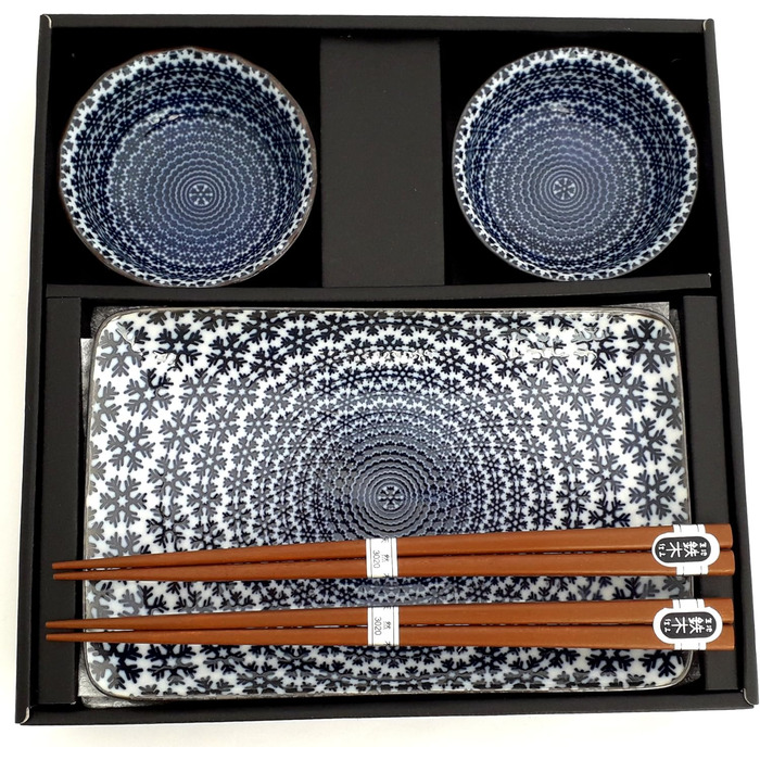 Набір для суші YUKI Original – японський набір для суші білого та блакитного кольорів з порцеляни (2 тарілки, 2 маленькі мисочки, 2 пари паличок) у подарунковій коробці