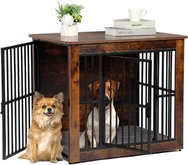 Клітка для собак велика дерев'яна з подвійними дверцятами, міцна собача будка для дому, знімний піддон, для малих, середніх та великих собак, 97,5 x 80,5 x 59 x 71,5 см