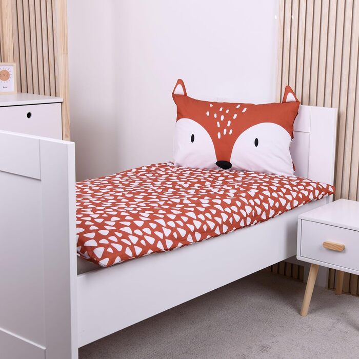 Дитяча постільна брова (2-х частинна) з 100% бавовни Oeko-Tex: ковдра 100x135 см та подушка 40x60 см з блискавкою. Дитяча постіль: дихаюча, терморегулююча, з принтом тварин (лисиця).