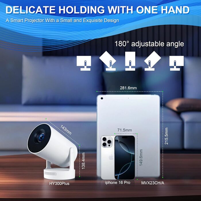 Портативний проєктор 4K з Wi-Fi 6/BT5.0, 170 ANSI люмен, Android 11 (HY300Plus)