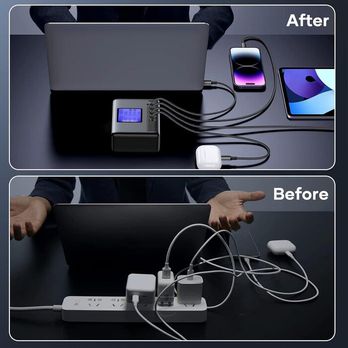 Зарядний пристрій USB 60W, 8 портів, з LCD дисплеєм, USB-C Hub для iPhone, iPad, Android, Samsung, Huawei, Kindle - Чорний