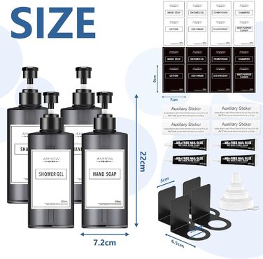 Набір дозаторів для мила на стіну 4er, сірий, 500 мл, без свердління, з наліпками