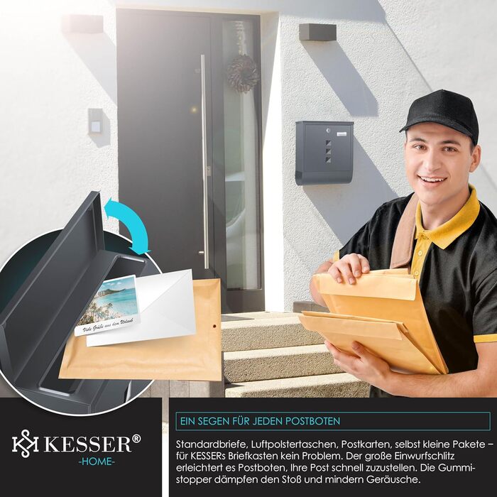 Поштова скринька KESSER® з газетницею та іменним табличкою, нержавіюча сталь, антрацит. Замок на 3 ключі, з віконцем, порошкове покриття, настінний монтаж