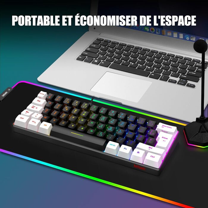 RedThunder K62 Бездротова ігрова клавіатура та миша, RGB, AZERTY, 62 клавіші, міні, для PC/PS5 (Чорний/Білий)