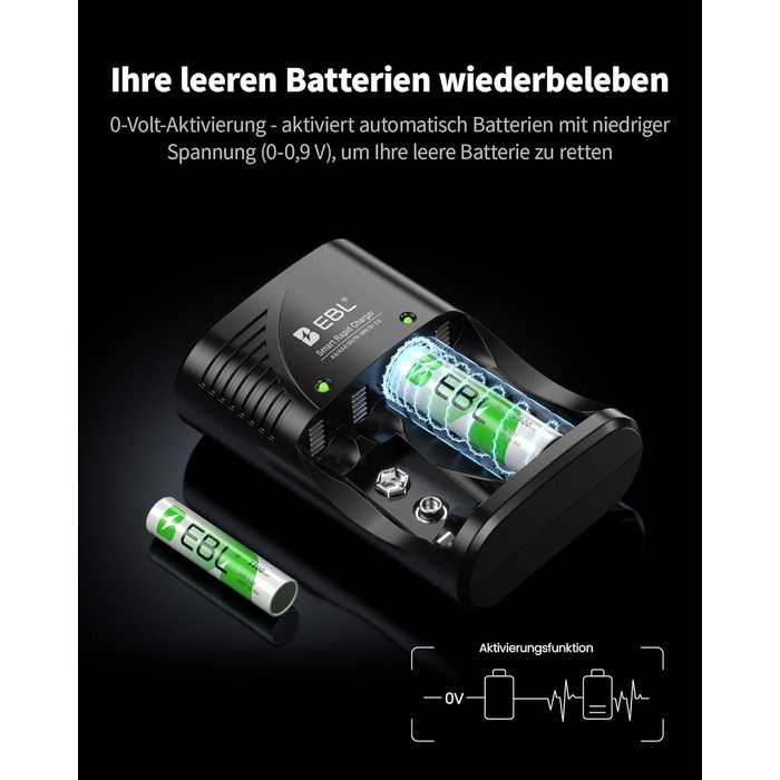 Зарядний пристрій для акумуляторів EBL AA AAA 9V NIMH з 4-ма відсіками, смарт-зарядка, LED-дисплей, швидка зарядка (з набором акумуляторів)