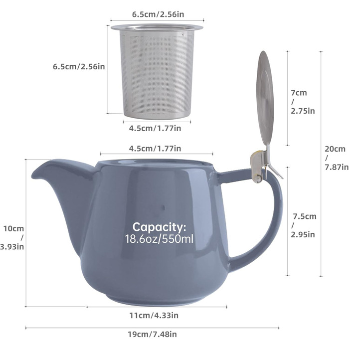 VIVILINEN Porcelain Teapot, Ceramic, Handmade, 18/8 Stainless Steel Strainer, Fine Mesh Stainless Steel Infuser with Filter (Gray)