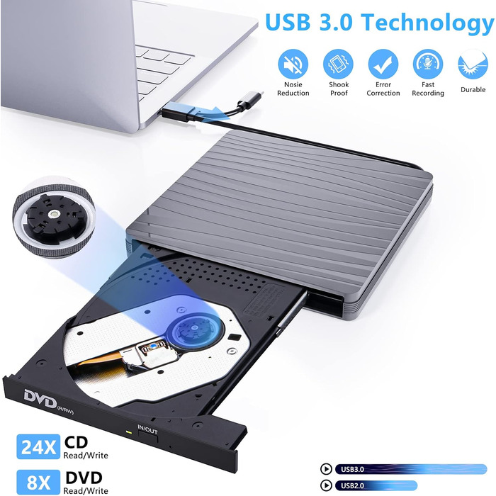 Зовнішній DVD-привід USB 3.0 та Type-C, портативний CD/DVD+/-RW записувач для ноутбука, ПК, MacBook, Windows, MacOS, Linux (Сірий)