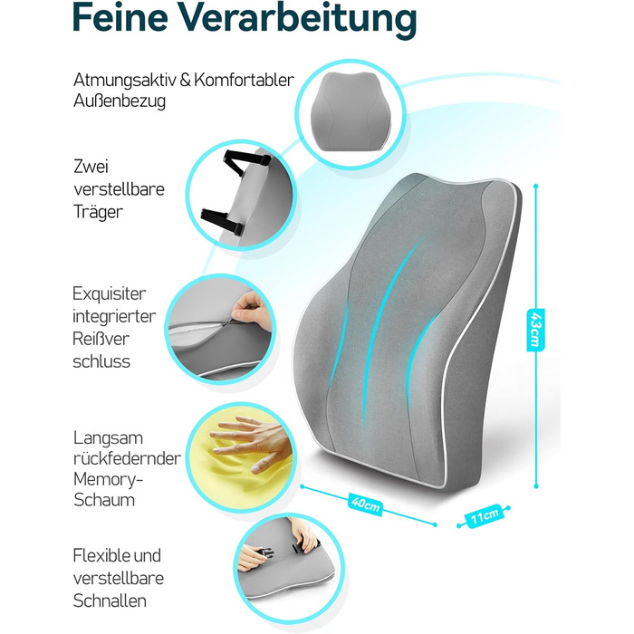 Подушка для спини Travel Ease з Memory Foam для офісного крісла, сірого кольору