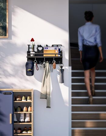 Дерев'яне ключниця-органайзер на стіну з полицею, 7 гачків, чорний, для дому