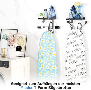 Настінна тримач для прасувальної дошки, праски та аксесуарів, чорний, металева стійка з великою полицею для прасування, Y/T-подібна форма