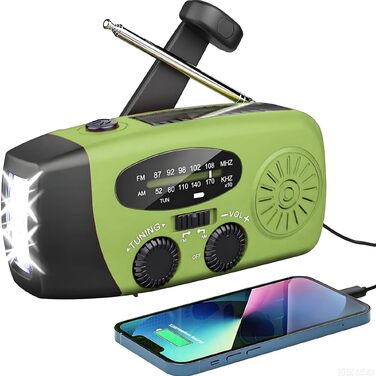 Радіо Solar Radio з ручним генератором, AM/FM, Powerbank 2000mAh, LED ліхтарик, USB зарядка - зелений