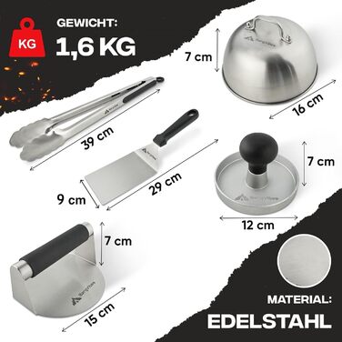 Набір для приготування Smash Burger від BERGVIBES (6 предметів) з нержавіючої сталі: прес, ложки, прес для планки, лопатка, щипці, спресер